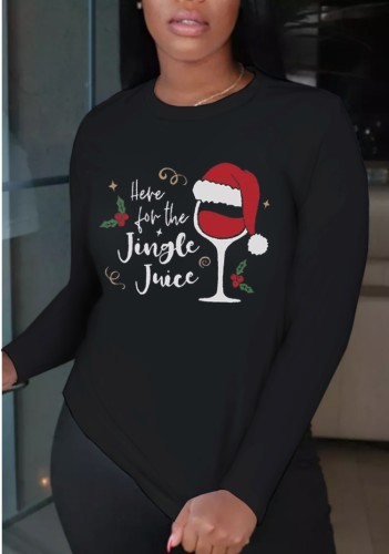 Bahar Noel Desen Baskılı Siyah O-Boyun Uzun Kollu Pamuklu T-shirt