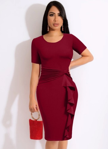 Summer Elegant Wine Red Round Neck Short Sleeve Ruched Ruffled Bodycon Midi Dress