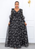 Spring Elegant Plus Size Black V-neck Long Sleeve High Waist Slit Evening Dress