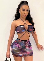 Sommer Sexy Multicolor Printed Halfter Straps Open Waist Bodycon Club Dress