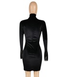 Spring Sexy Black Velvet Midi Neck Long Flare Sleeve See Through Bodycon Dress