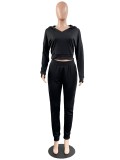 Spring Casual Black Long Sleeve Hoodies and Sweatpants 2 Piece Sets Wholesale Sportswear Usa