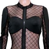 Sprng Sexy Black Check Zip Up Long Sleeve See Through Clubbing Jumpsuit