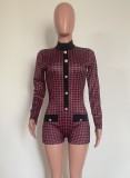 Spring Sexy Red Plaid Printed O-neck Full Sleeve Slim Short Romper