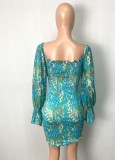 Spring Sexy Green Floral Off Shoulder Long Flare Sleeve Ruched Party Dress