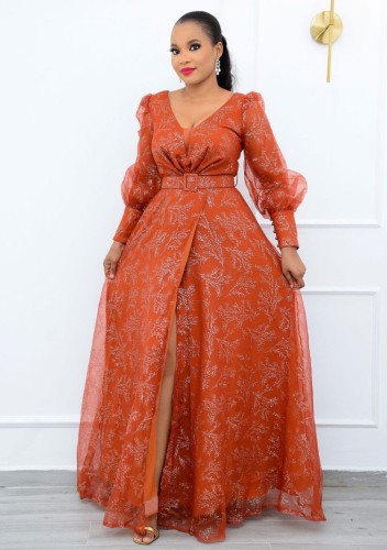 Spring Elegant Plus Size Orange V-neck Long Sleeve High Waist Slit Evening Dress