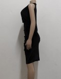 Summer Elegant Black Velvet V-neck Sleeveless Ruched Midi Dress