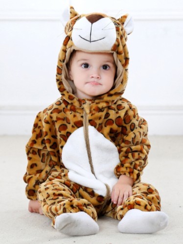 Pagliaccetto invernale a maniche lunghe in pile con cappuccio in pile con cerniera leopardata in costume animale da neonato