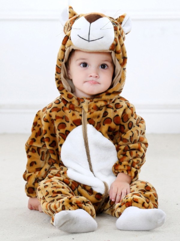Winter Baby Boy Animal Costume Leopard Zipper Fleece Hoody Long Sleeve Romper