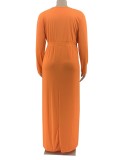 Spring Sexy Plus Size Orange V-neck Long Sleeve Slit Maxi Dress