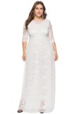Spring Elegant Plus Size White Full Lace Round Neck Half Sleeve Formal Evening Dress