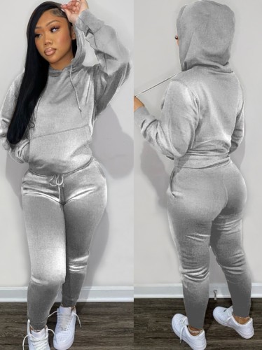 Winter Gray Velvet Long Sleeve Pocket Hoodies and Sweatpants Wholesale Two Piece Sets