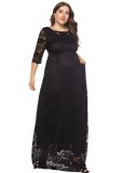 Spring Elegant Plus Size Black Full Lace Round Neck Half Sleeve Formal Evening Dress