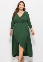 Spring Plus Size Green Wrap V-neck Batwing Long Sleeve Irregular Casual Dress