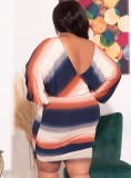 Frühling Plus Size Weiß & Blau & Orange Streifen Langarm Rückenfreies Gerafftes Freizeitkleid mit Gürtel