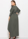 Spring Plus Size Gray Wrap V-neck Batwing Long Sleeve Irregular Casual Dress