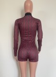 Spring Sexy Red Plaid Printed O-neck Full Sleeve Slim Short Romper