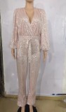 Spring Sexy Pink Sequins V-neck Puff Sleeve Cocktail Jumpsuit with Belt