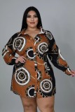 Spring Plus Size Printed Brown Button Up Turndown Collar Long Sleeve Casual Dress