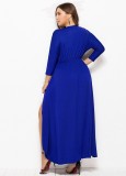 Spring Plus Size Blue Wrap V-neck Batwing Long Sleeve Irregular Casual Dress