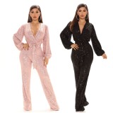 Spring Sexy Black Sequins V-neck Puff Sleeve Cocktail Jumpsuit with Belt