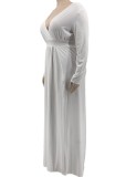 Spring Sexy Plus Size White V-neck Long Sleeve Slit Maxi Dress