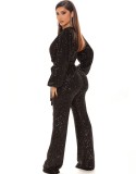 Spring Sexy Black Sequins V-neck Puff Sleeve Cocktail Jumpsuit with Belt