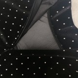 Spring Sexy Beaded Black Velvet See Through long Sleeve Jumpsuit