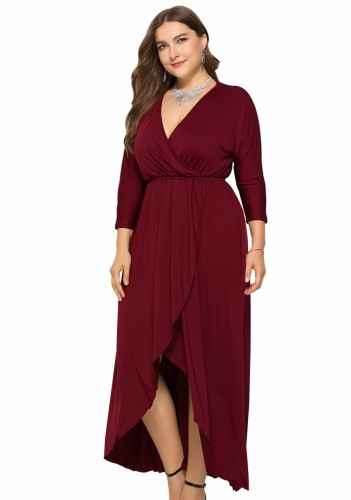Spring Plus Size Wine Red Wrap V-neck Batwing Long Sleeve Irregular Casual Dress