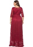 Spring Elegant Plus Size Red Full Lace Round Neck Half Sleeve Formal Evening Dress