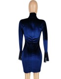 Spring Sexy Blue Velvet Midi Neck Long Flare Sleeve See Through Bodycon Dress