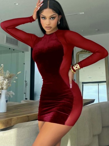 Spring Sexy Wine Red Velvet Patch Mesh Rouned Neck Long Sleeve See Through Bodycon Dress