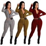 Spring Sexy Red Plaid Zipper Up Long Sleeve Slim Jumpsuit