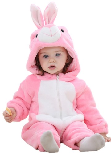冬の赤ちゃんの女の子の動物の衣装ピンクのウサギのジッパーフリースフーディー長袖ロンパース