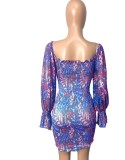 Spring Sexy Purple Floral Off Shoulder Long Flare Sleeve Ruched Party Dress