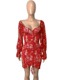 Spring Sexy Red Floral Off Shoulder Long Flare Sleeve Ruched Party Dress