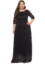 Spring Elegant Plus Size Black Full Lace Round Neck Half Sleeve Formal Evening Dress