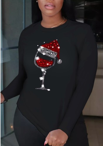 Bahar Noel Desen Baskılı Siyah O-Boyun Uzun Kollu Pamuklu T-shirt