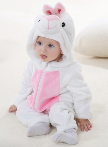 Winter Baby Boy Animal Kostuum Wit Konijn Rits Fleece Hoody Lange Mouw Romper