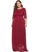 Spring Elegant Plus Size Red Full Lace Round Neck Half Sleeve Formal Evening Dress