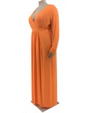 Spring Sexy Plus Size Orange V-neck Long Sleeve Slit Maxi Dress