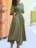 Spring Elegant Green Sloping Shoulder Half Sleeve With Belt Dress