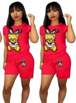 Summer Cute Sequins Print Red Short Sleeve Top Wholesale Two Piece Short Set