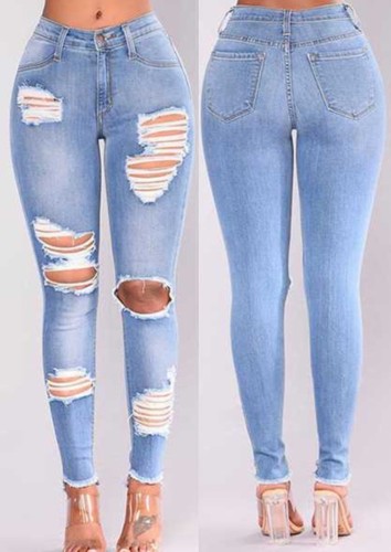 Jeans elasticizzati a vita alta con strappi blu moda primavera Lt
