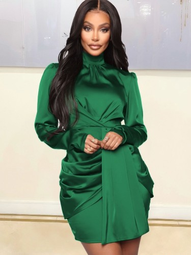 Winter Elegant Green High Collar Long Sleeve Ruffles Mini Dress