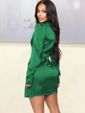 Winter Elegant Green High Collar Long Sleeve Ruffles Mini Dress