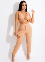 Summer Sexy Kahaki Sleeveless Crop Top And Pant Wholesale Two Piece Sets