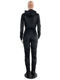 Winter Casual Black Yellow Velvet Zipper Stacked Long Sleeve Top And Pant Wholesale Two Piece Clothing