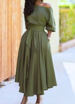 Primavera elegante verde hombro inclinado media manga con cinturón vestido