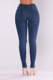 Spring Fashion Blue Ripped High Wasit Elastic Jeans